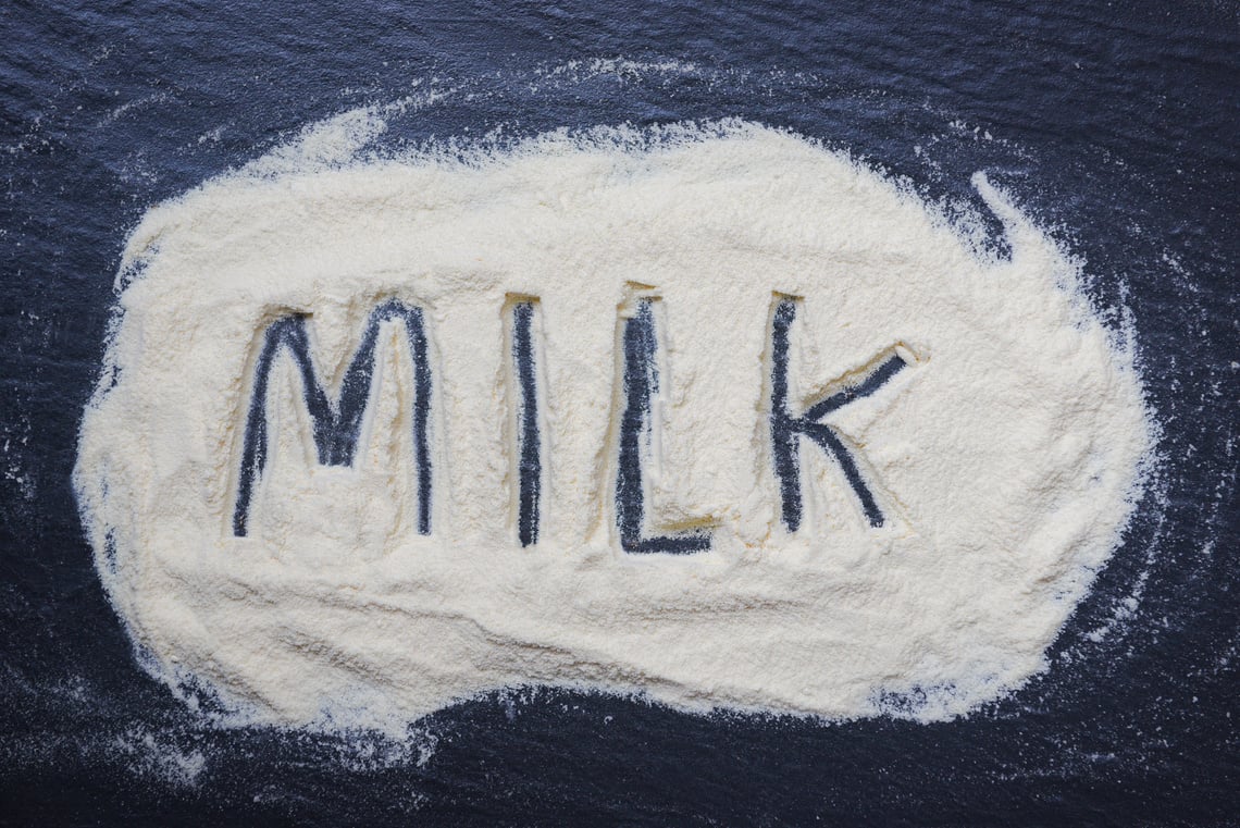 Milk Powder on Dark Background - Powdered Milk Text Top View , F